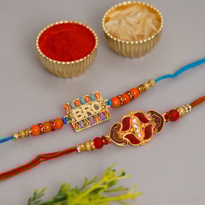 Multicolor Designer Pack of 2 Rakhis and Roli Chawal Pack