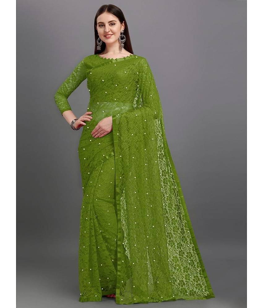 VANRAJ CREATION Brasso Self Design Saree With Unstitched Blouse Piece ( Olive )