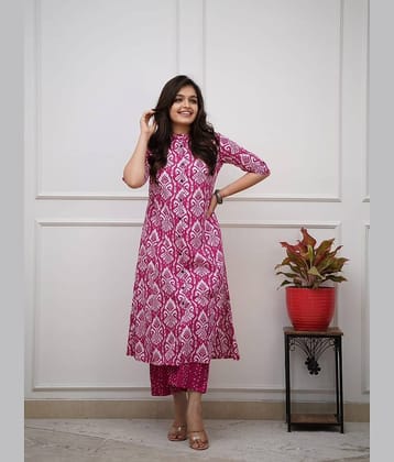 Mahek Fashion Women Cotton Printed A-line Kurti With Pants ( Pink )