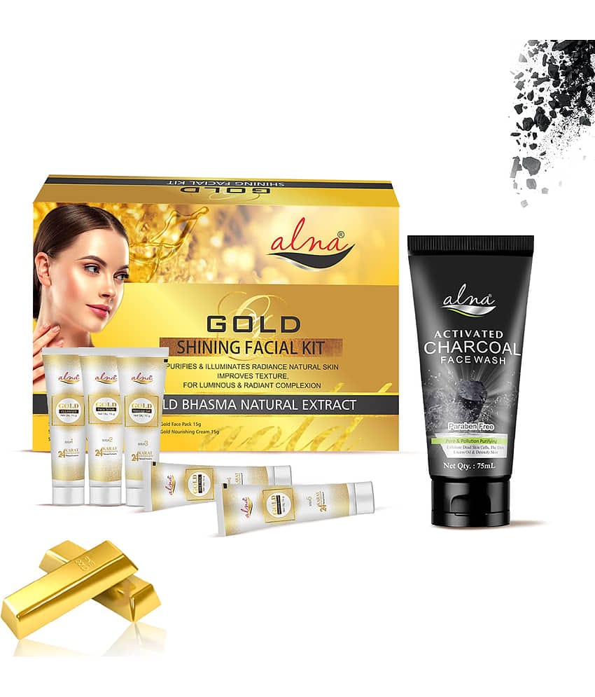 Alna Gold Shinning Facial Kit 75gm with Charcoal Face Wash 75ml For All Skin Type , Pack of 2
