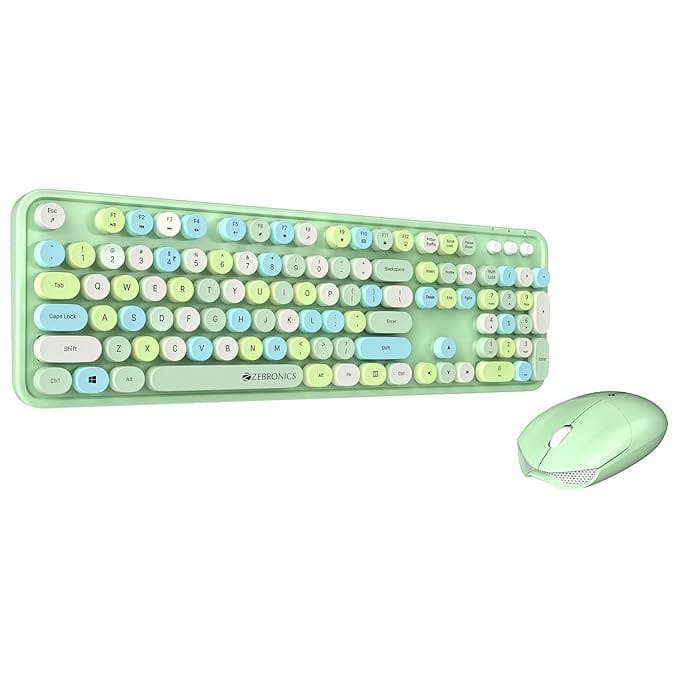 ZEBRONICS Companion 300 2.4GHz Wireless Keyboard & Mouse Combo with UV Printed, Retro Style Keys, 104 + 13 Integrated Multimedia Keys,1600 DPI, High Precision (Green)