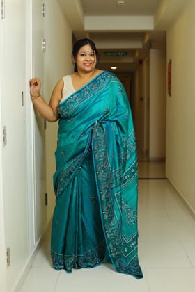 Maya-Pure Mulberry Silk/Bishnupuri Silk / Hand Block Printed Pure Silk / Turquoise/Teal