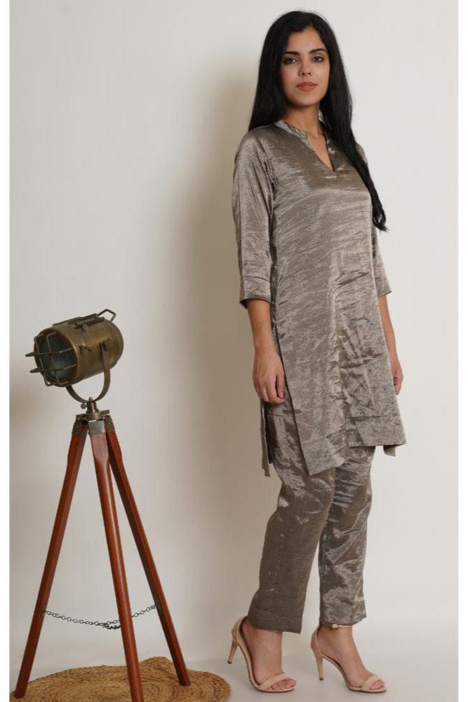 Gunmetal Chanderi Co-ord Tunic Set-XS