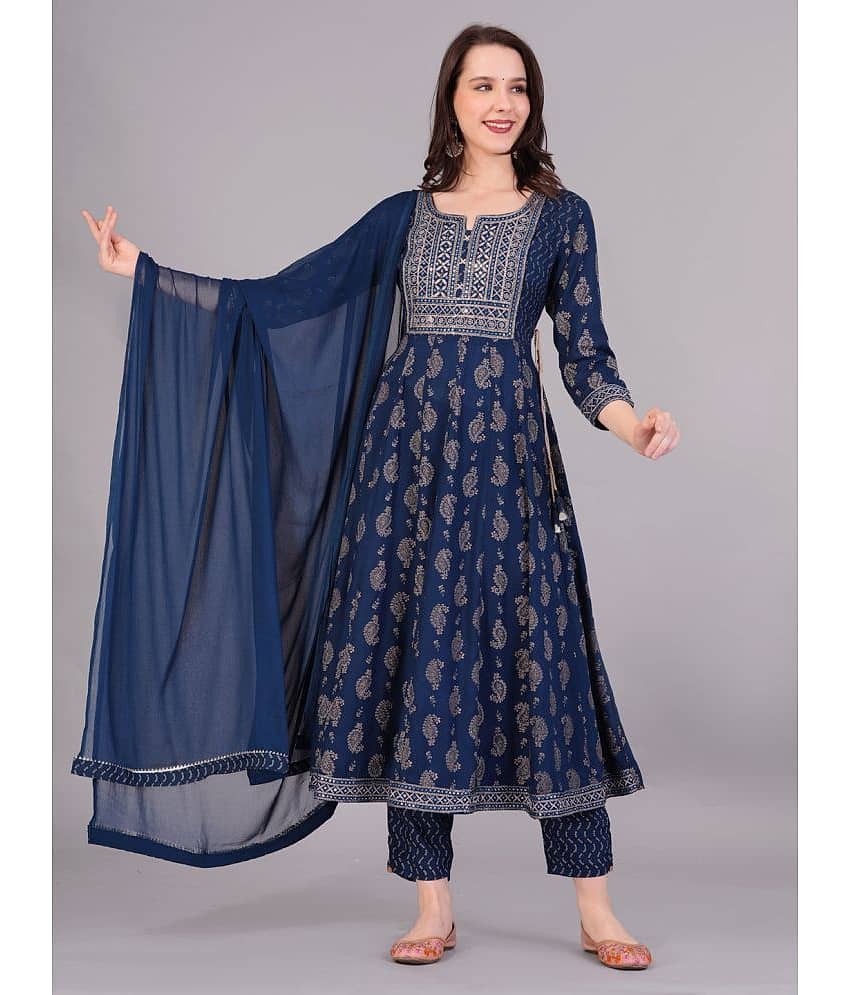 JC4U Rayon Embellished Kurti With Pants Women's Stitched Salwar Suit - Blue ( Pack of 1 )