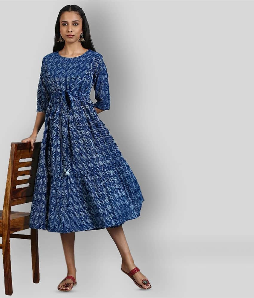 Janasya Women Cotton Blend Printed Fit & Flare Dress ( Blue )