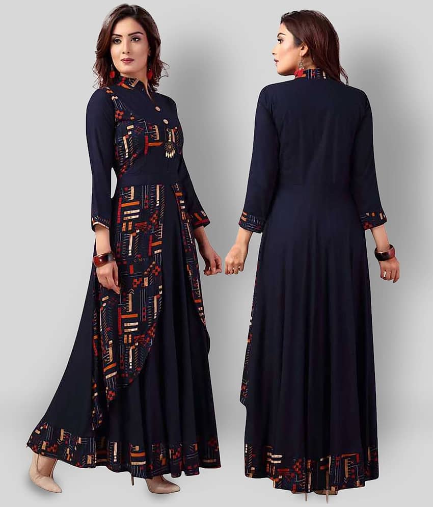 Madhuram Textiles - Blue Rayon Women's Double Layered Kurti