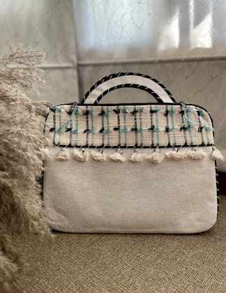 KRI India Distressed Blue & White Tasselled Laptop Cover|10.2 inches | Wash & Care | 100% Cotton | Handcrafted in India. 100% organic & natural.