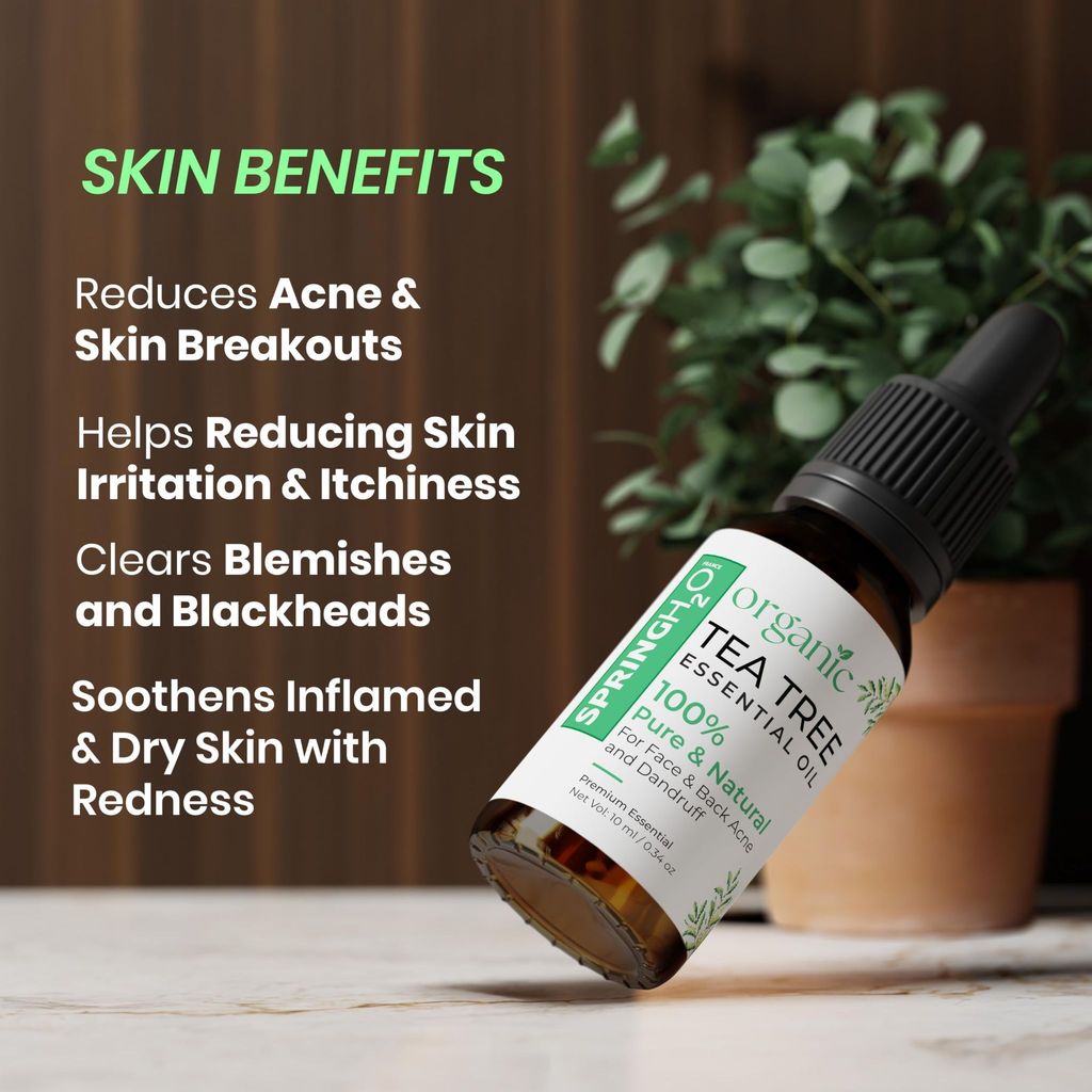 Spring H2O 100% Pure & Natural Organic Tea Tree Essential Oil For Face, Back Acne, Scalp & Dandruff Care