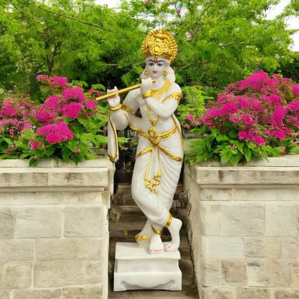 Standing Krishna with Bansuri White Marble Look, Height-63 CM-Composite