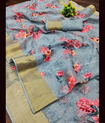 Kanooda Prints Linen Printed Saree With Unstitched Blouse Piece ( Grey )