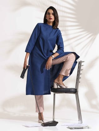 trueBrowns Blue Slub Kurta Set - Maroon  (6XL)