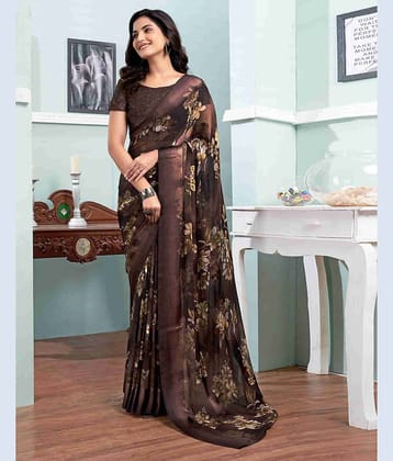 Sitanjali Georgette Printed Saree With Unstitched Blouse Piece ( Brown )