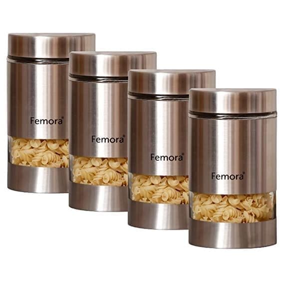 Femora Metallic Clear Glass Kitchen Storage Jars, 1000 ml, Set of 4, Free Replacement of Lids