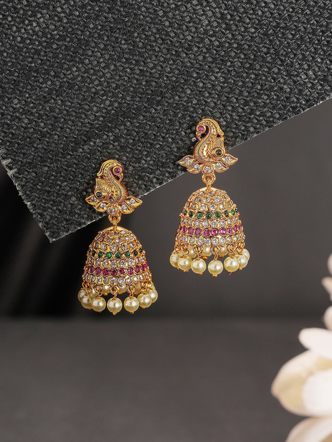Gold Plated AD Studded Contemporary Peacock Temple Jhumka Earrings