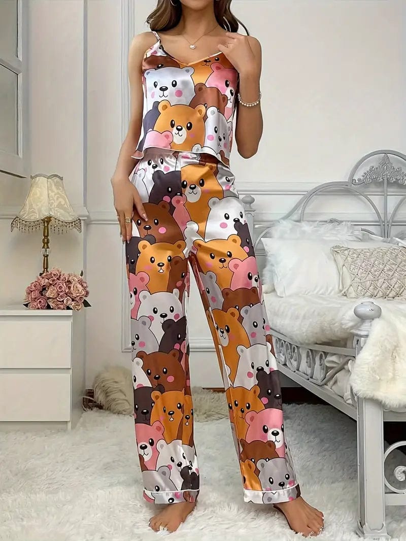 Cute Cartoon Print Women's Satin Pajama Set-S