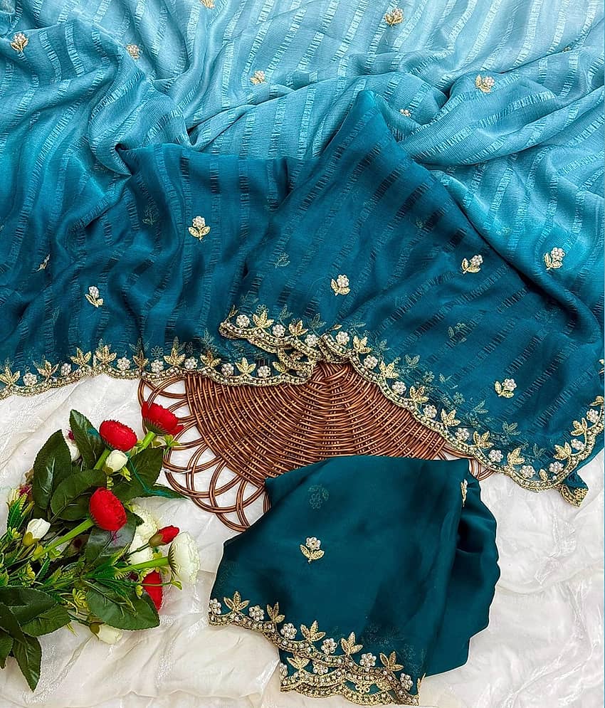 KV Fashion Chiffon Embroidered Regular Saree With Unstitched Blouse Piece ( Turquoise )