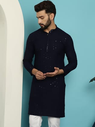 Men's Pure Cotton NavyBlue Embroidered Sequined Kurta-36