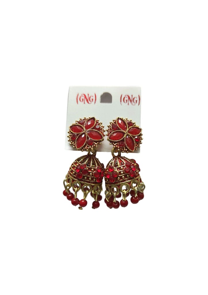 Red Stone Jhumka Earrings with Golden Beads"