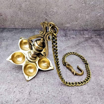 Brass Wall hanging five Wick Diya - 25 inch Height | Grand Brass Wall Hanging Diya with Five Wicks