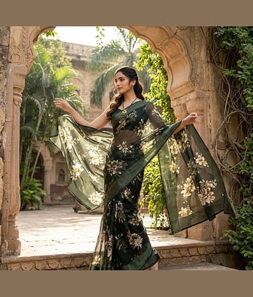 Sanwariya Silks Satin Printed Regular Saree With Unstitched Blouse Piece ( Green )