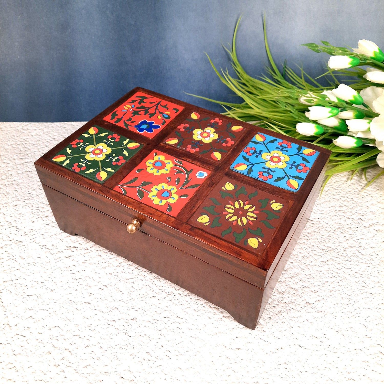 Jewellery Box With Ceramic Tiles Top | Decorative Wooden Jewelry Box | Multi-Purpose Storage Box - for Home, Dressing Table Decor, Storage & Gifts - (10x4x7 - LxHxW) Inch-Brown