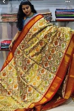 Pochampally ikat Silk Cream Red Saree