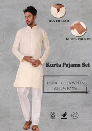 Preen Beige Ban Collar Kurta Pajama Set-M