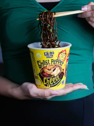 Daebak Ghost Pepper Cheese Spicy Chicken Black Noodles Cup (80g) | Portable Extreme Heat Ramen | Halal