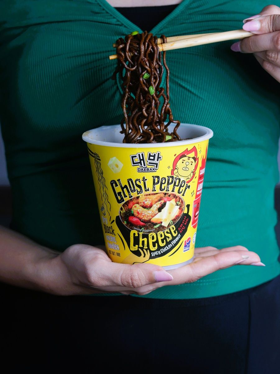 Daebak Ghost Pepper Cheese Spicy Chicken Black Noodles Cup (80g) | Portable Extreme Heat Ramen | Halal