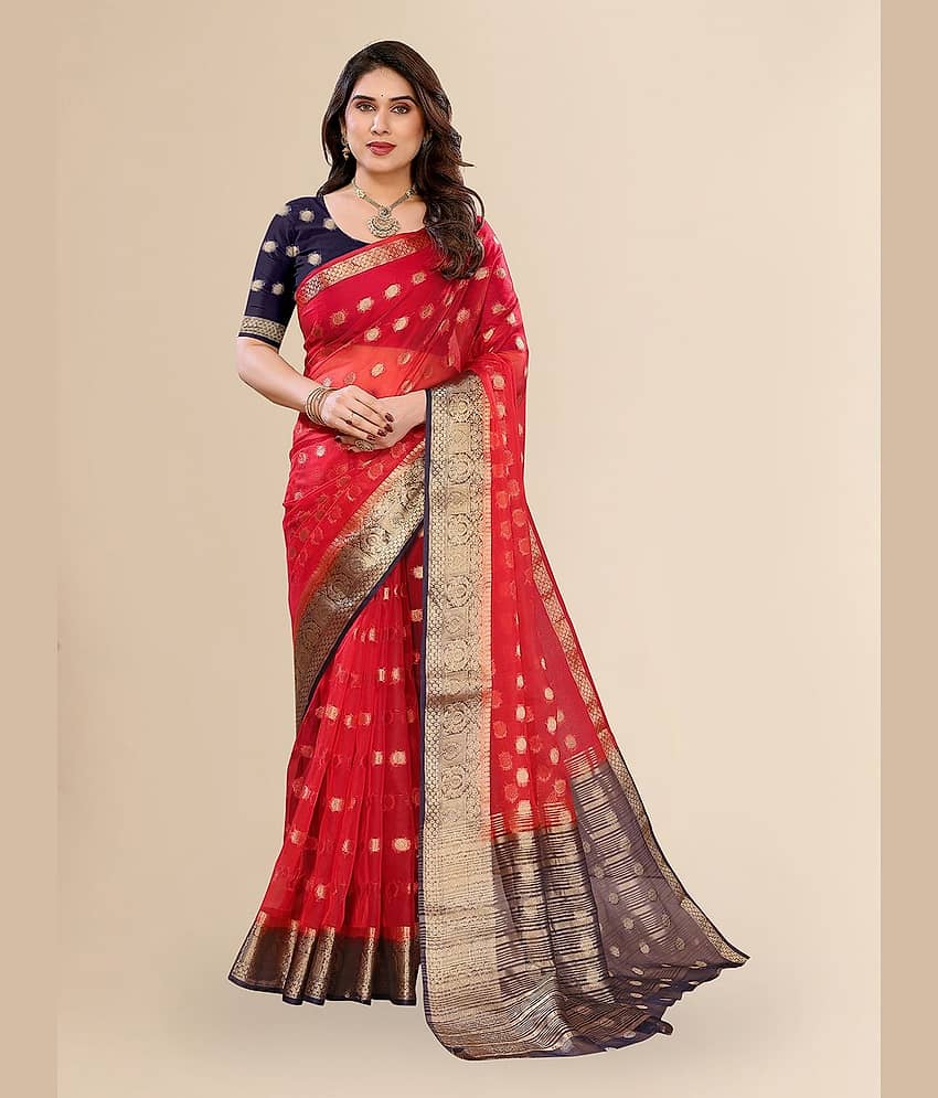 HEMA SILK MILLS Organza Embellished Regular Saree With Unstitched Blouse Piece ( Yellow )