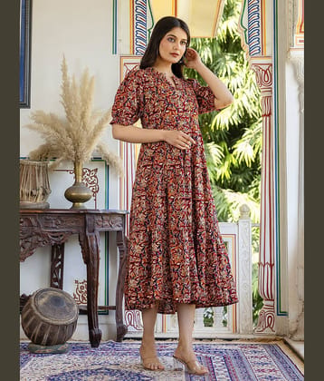 Femvy Women Crepe Printed Fit & Flare Dress ( Brown )