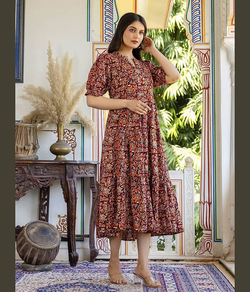 Femvy Women Crepe Printed Fit & Flare Dress ( Brown )