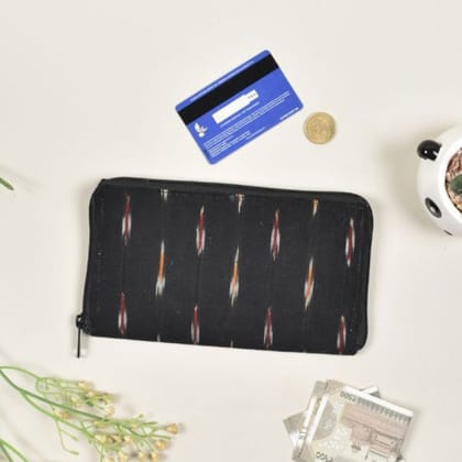 Black ikat ladies wallet with zip
