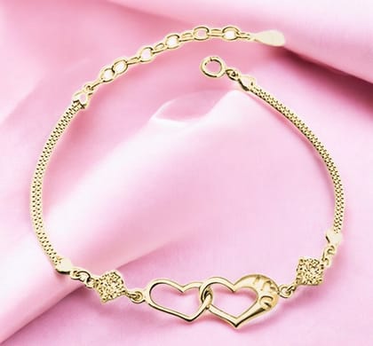 Double Heart Shape Cubic Zirconia Charm Bracelet, Love Bracelet for Women and Girls (Gold)-Gold