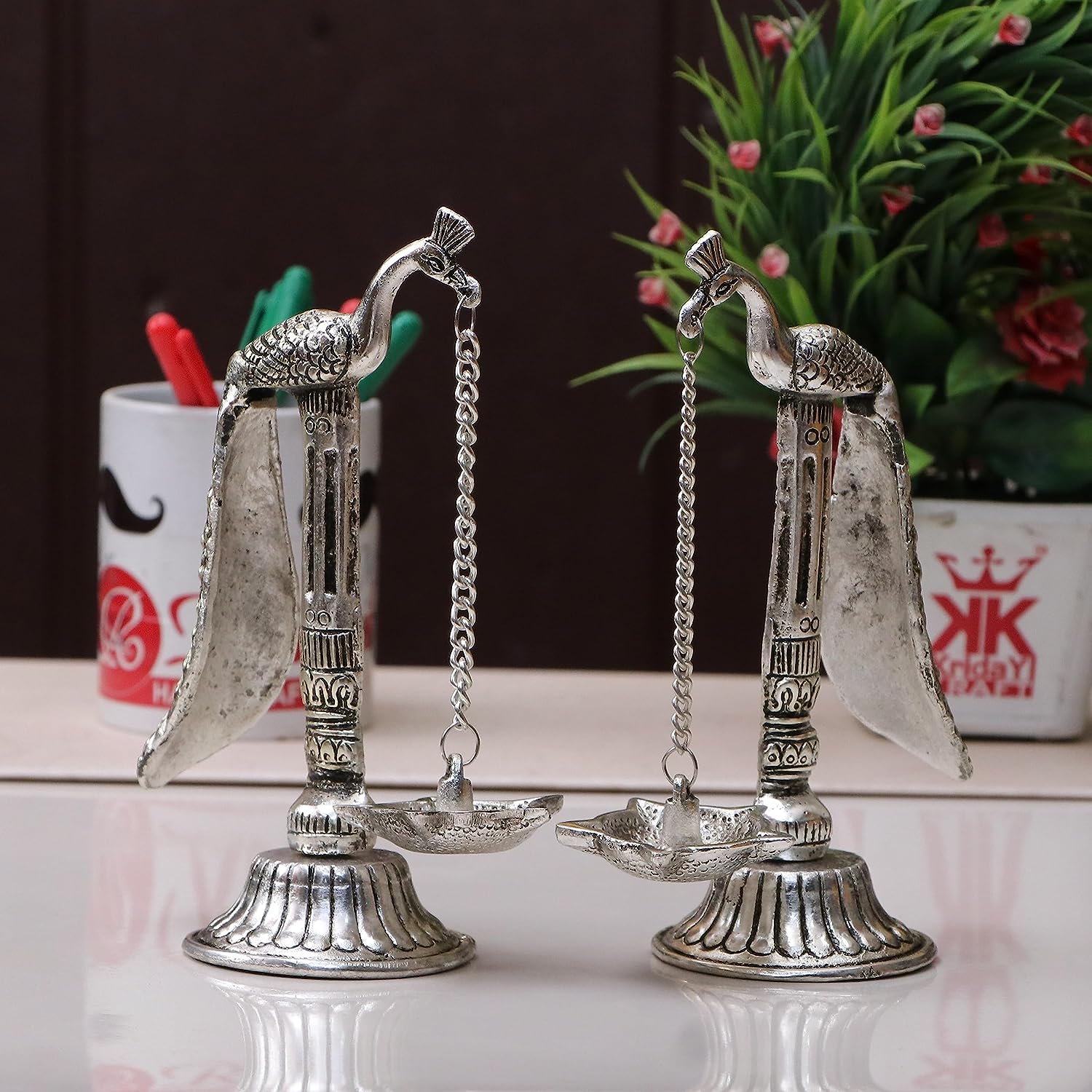 DreamKraft Metal Peacock Hanging Diya Pair | Silver Finish | Pack of 2 | Puja Gift | Antique Design | 7.5 Inches