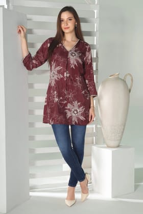 Floral Elegance: Maroon Stripe Kurti with Pearl-Embroidered Flowers-M