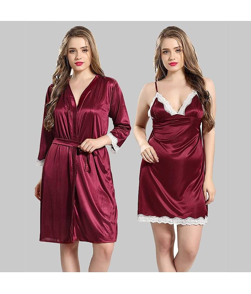 Gutthi - Maroon Satin Women's Nightwear Nighty & Night Gowns ( Pack of 2 )