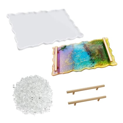 9x12in Rectangular Resin Agate Tray Making Combo with Mirror Stones and Golden Metal Tray Handles | Customized Frame Making Mould