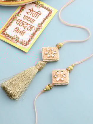 NVR Set of 2 Handmade Peach Kundan Studded Bhaiya Bhabhi Rakhi Set with Roli Chawal Chandan & Mishri-One Size / Peach