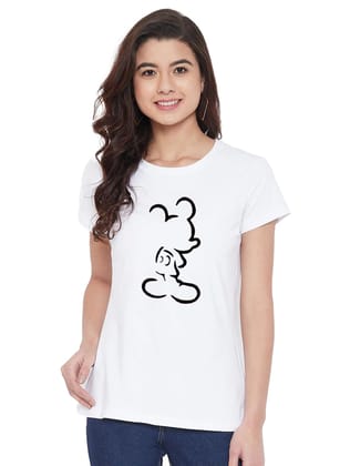 Women's Cotton Blend Mickey Mouse Line Art Printed T-Shirt XL (White)