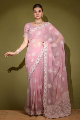 Pink Geogette Chikankari Saree