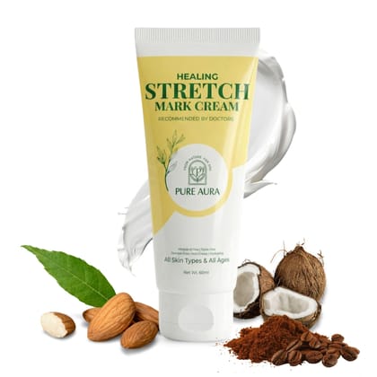 Pure Aura Healing Stretch Mark Cream | Visible Reduction in Stretch Marks in 10 Days | Hydrating Ayurvedic Blend Coconut, Almond & Centella | 60 ml