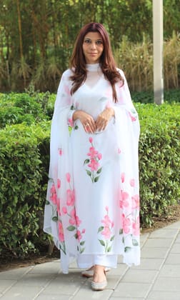 Cotton Handbrush White & Pink Suit Set with Chiffon Handbrush Dupatta-XXS