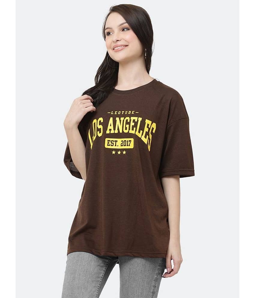 Leotude Women Cotton Blend Printed Oversized Fit Round Neck T-Shirt ( Brown )