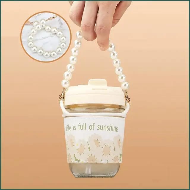 Glass Coffee Mugs with Pearl Chain Belt & Sleeve, 250 ML, Reusable Travel Sipper with Double Drink Straw and Lids,Kids Girls Tumbler for Juice Smoothies Milk Cups