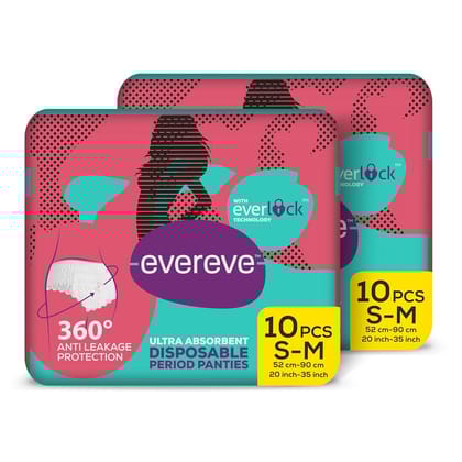 Evereve Ultra Absorbent Disposable Period Panties,S-M,2X10'S Pack,0% Leaks,Sanitary Protection For Women&Girls,Maternity Delivery Pads,360 Protection,Postpartum&Overnight Use,Heavy Flow,Pack Of 20