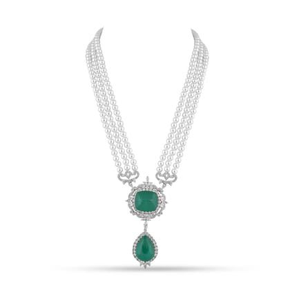 Aighar - Pearl & Green Doublet Stone CZ Long Necklace