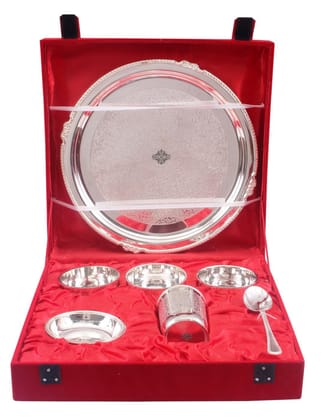 IndianArtVilla Handcrafted Pure Silver Plated Embossed Design Dinner Set 7 Pieces-SilverPlated