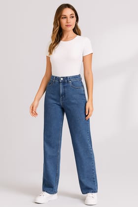 High Rise Relaxed Fit Cotton Lycra Blend Ankle Length Jeans
