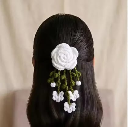 Handmade Crochet White Rose Hair drops Clip